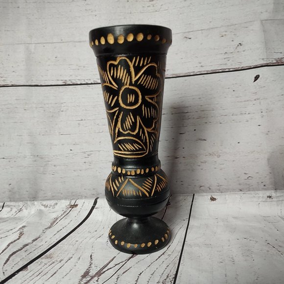 Handcarved Base Glazed Wooden Footed Featuring Beautiful Flower 8” - Picture 1 of 6